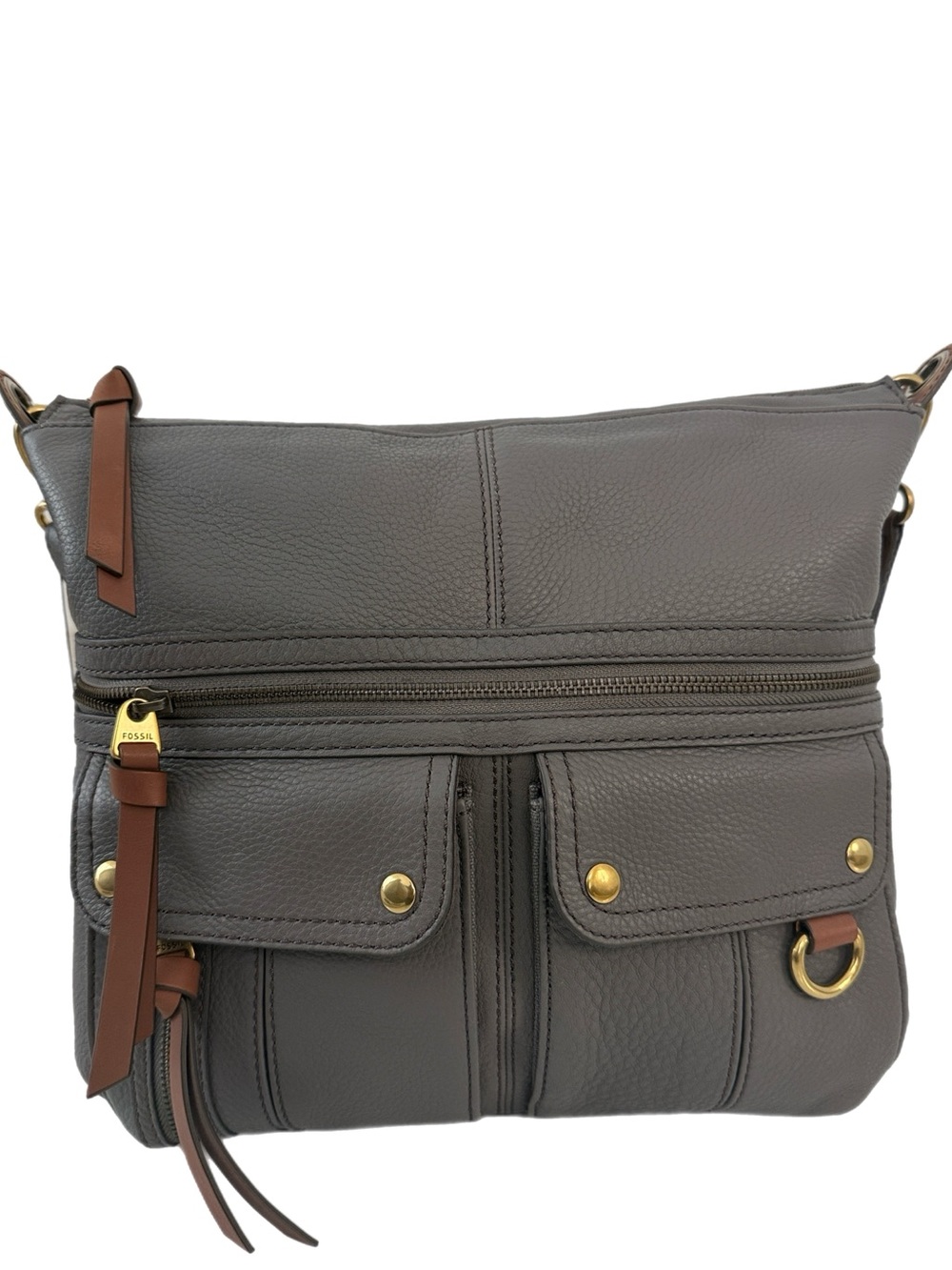 Fossil Morgan Top Zip Leather Lead Gray Crossbody Handbag